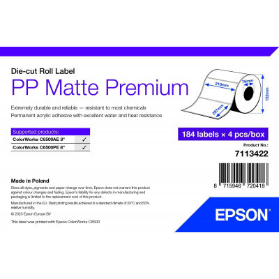 Epson 7113422 PP Matte, pro ColorWorks, 210x297mm, 184ks, polypropylen, bílé samolepicí etikety