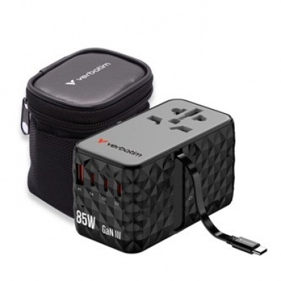 Verbatim, Cestovní adaptér univerzální CNT-02 GaN III 3x USB-C PD QC 4+, 1x USB-C kabel, 1x USB-A QC, černý, 85W