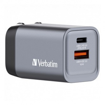 Verbatim, GaN cestovní nabíječka do sítě USB 3.0, USB C, šedá, 35 W, vyměnitelné vidlice C,G,A