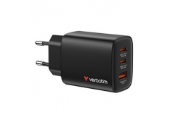 Verbatim Essentials, GaN nabíječka do sítě USB-A QC 3.0, 2 USB-C PD 3.0, černá, 65W, vyměnitelné vidlice EU/UK/US/AUS