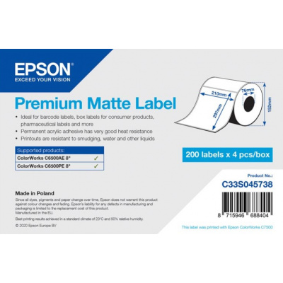 Epson C33S045738 Premium Matte, pro ColorWorks, 210x297mm, 200ks, bílé samolepicí etikety