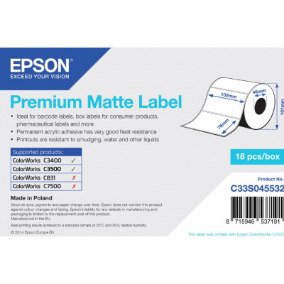 Epson C33S045532 Premium Matte, pro ColorWorks, 102x76mm, 440ks, bílé samolepicí etikety