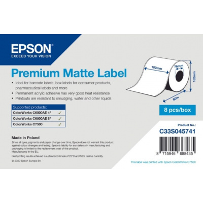 Epson C33S045741 Premium Matte, pro ColorWorks, 102mmx60m, bílé samolepicí etikety