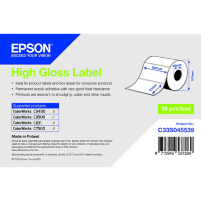 Epson C33S045539 High Gloss, pro ColorWorks, 102x51mm, 610ks, bílé samolepicí etikety