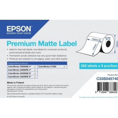 Epson C33S045740 Premium Matte, pro ColorWorks, 105x210mm, 282ks, bílé samolepicí etikety