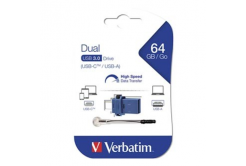 Verbatim USB flash disk OTG, USB 3.0, 64GB, Dual, modrý, 49967, USB A / USB C, s poutkem