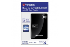 Verbatim externí pevný disk s integrovanou čtečkou paměťových karet, Store N Go, 2.5", USB 3.0 (3.2 Gen 1), 1TB, 53421, černý, + S