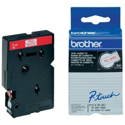 Brother TC-292, 9mm x 7,7m, červený tisk / bílý podklad, originální páska