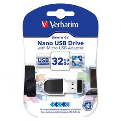 Verbatim USB flash disk, USB 2.0, 32GB, Nano, Store N Go, černý, 49822, USB A, s adaptérem USB Micro