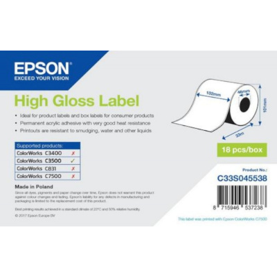 Epson C33S045538 High Gloss, pro ColorWorks, 102mmx33m, bílé samolepicí etikety