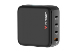 Verbatim, Miniaturní nabíječka GaN s displejem 3 x USB-C / 1 x USB-A, černá, 140 W, Vyměnitelné EU, UK, a americké zástrčky