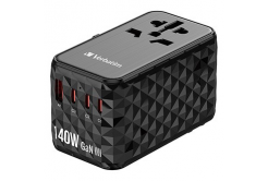Verbatim, Cestovní adaptér univerzální UTA-10 GaN III 2x USB-C PD a QC 4+, 1x USB-C PD 3.0, 1x USB-A QC, černý, 140 W