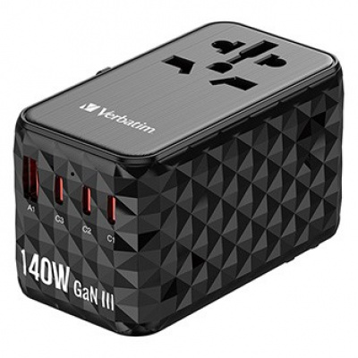 Verbatim, Cestovní adaptér univerzální UTA-10 GaN III 2x USB-C PD a QC 4+, 1x USB-C PD 3.0, 1x USB-A QC, černý, 140 W