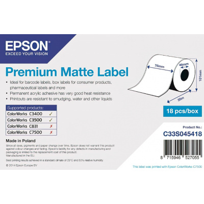 Epson C33S045418 Premium Matte, pro ColorWorks, 76mmx35m, bílé samolepicí etikety