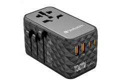 Verbatim, Cestovní adaptér univerzální World-to-World UTA-06 2x USB-C PD, QC 4+ a 2x USB-A QC 3.0, černý, 100 W