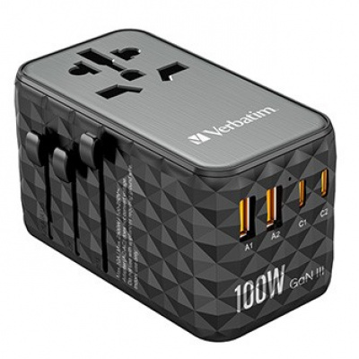Verbatim, Cestovní adaptér univerzální World-to-World UTA-06 2x USB-C PD, QC 4+ a 2x USB-A QC 3.0, černý, 100 W