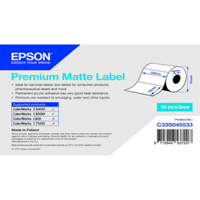 Epson C33S045533 Premium Matte, pro ColorWorks, 102x152mm, 225ks, bílé samolepicí etikety