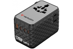 Verbatim, Cestovní adaptér univerzální Charge ,n, Travel 2x USB-C, 2X USB-A + 1x integrovaný kabel USB-C, černá, 170 W