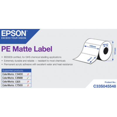 Epson C33S045548 PE Matte, pro ColorWorks, 102x76mm, 365ks, polyethylen, bílé samolepicí etikety