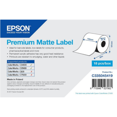 Epson C33S045419 Premium Matte, pro ColorWorks, 102mmx35m, bílé samolepicí etikety