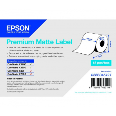 Epson C33S045727 Premium Matte, pro ColorWorks, 105mmx35m, bílé samolepicí etikety