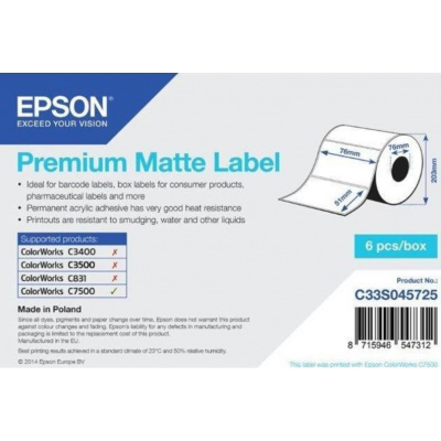 Epson C33S045725 Premium Matte, pro ColorWorks, 76x51mm, 2310ks, bílé samolepicí etikety