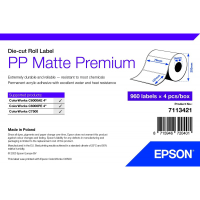 Epson 7113421 PP Matte, pro ColorWorks, 76x127mm, 960ks, polypropylen, bílé samolepicí etikety