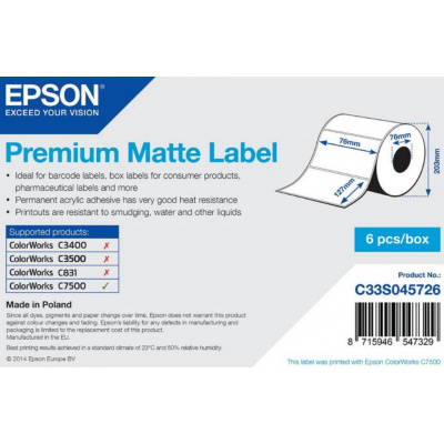 Epson C33S045726 Premium Matte, pro ColorWorks, 76x127mm, 960ks, bílé samolepicí etikety