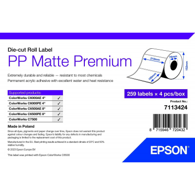 Epson 7113424 PP Matte, pro ColorWorks, 105x210mm, 259ks, polypropylen, bílé samolepicí etikety