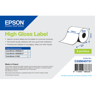 Epson C33S045731 High Gloss, pro ColorWorks, 102mmx57m, bílé samolepicí etikety