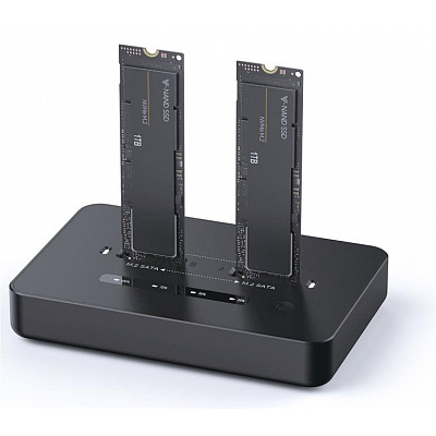 Dokovací stanice se dvěma disky: USB typu C M.2 NVMe (a SATA) SSD, černá.