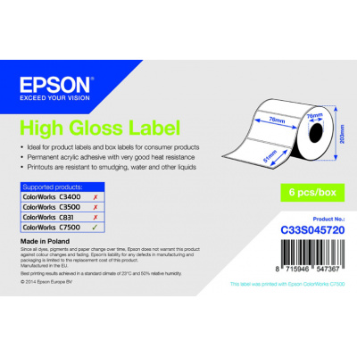 Epson C33S045720 High Gloss, pro ColorWorks, 76x51mm, 2310ks, bílé samolepicí etikety