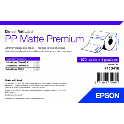 Epson 7113418 PP Matte, pro ColorWorks, 102x76mm, 1570ks, polypropylen, bílé samolepicí etikety
