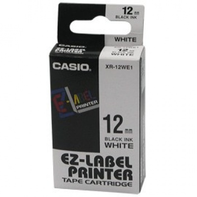 Casio XR-12WE1, 12mm x 8m, černý tisk/bílý podklad, originální páska