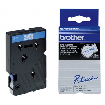 Brother TC-203, 12mm x 7,7m, modrý tisk / bílý podklad, originální páska