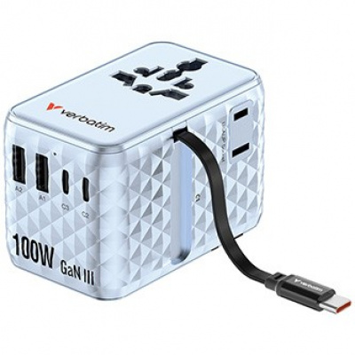 Verbatim, Cestovní adaptér univerzální Charge ,n, Travel 2x USB-C, 2X USB-A + 1x integrovaný kabel USB-C, modrá, 100 W