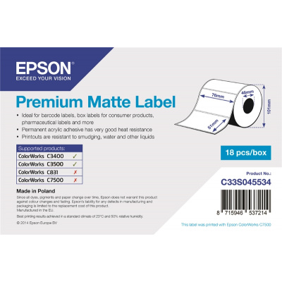 Epson C33S045534 Premium Matte, pro ColorWorks, 76x51mm, 650ks, bílé samolepicí etikety