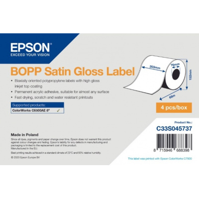 Epson C33S045737 BOPP Satin Gloss, pro ColorWorks, 203mmx68m, bílé samolepicí etikety