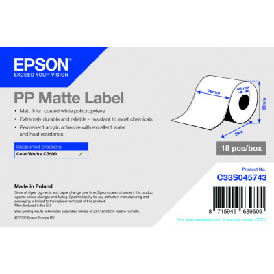 Epson C33S045743 PP Matte, pro ColorWorks, 76mmx29m, polypropylen, bílé samolepicí etikety