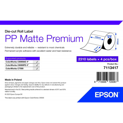 Epson 7113417 PP Matte, pro ColorWorks, 102x51mm, 2310ks, polypropylen, bílé samolepicí etikety