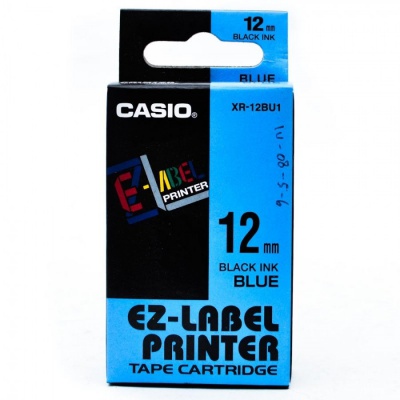 Casio XR-12BU1, 12mm x 8m, černý tisk/modrý podklad, originální páska