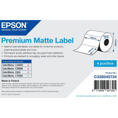 Epson C33S045724 Premium Matte, pro ColorWorks, 102x152mm, 800ks, bílé samolepicí etikety