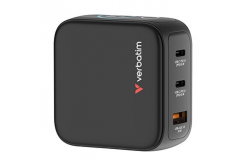 Verbatim, Miniaturní nabíječka GaN s displejem 2 x USB-C / 1 x USB-A, černá, 65W, Vyměnitelné zástrčky (EU, UK, US)