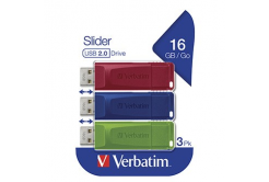 Verbatim 49326, USB flask disk, USB A 2.0, 16GB, s výsuvným konektorem, zelený, modrý, červený, 3 ks