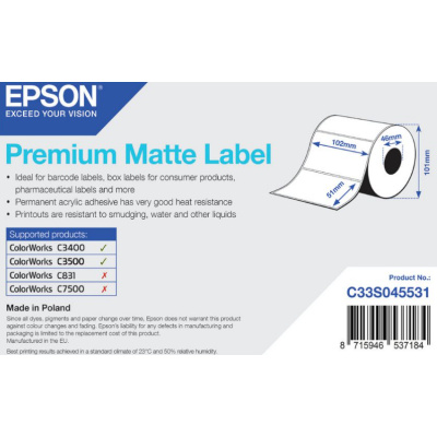 Epson C33S045531 Premium Matte, pro ColorWorks, 102x51mm, 650ks, bílé samolepicí etikety