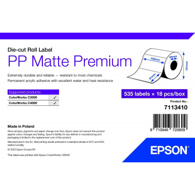 Epson 7113410 PP Matte, pro ColorWorks, 102x51mm, 535ks, polypropylen, bílé samolepicí etikety