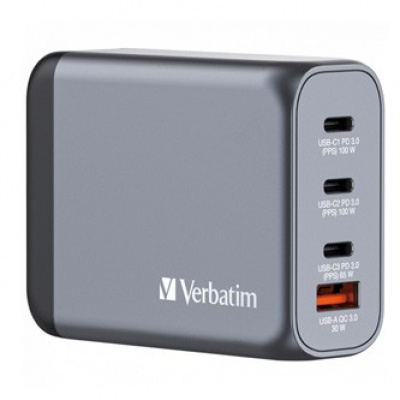 Verbatim, GaN cestovní nabíječka do sítě USB 3.0, USB C, šedá, 100 W, vyměnitelné vidlice C,G,A