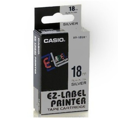 Casio XR-18SR1, 18mm x 8m, černý tisk/stříbrný podklad, originální páska