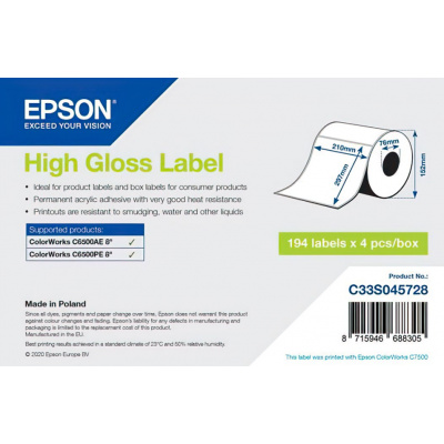 Epson C33S045728 High Gloss, pro ColorWorks, 210x297mm, 194ks, bílé samolepicí etikety