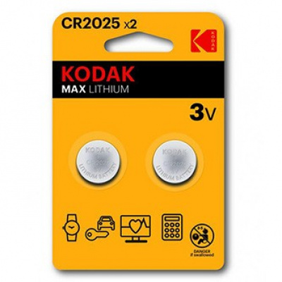 Baterie jednorázová lithiová, knoflíková, CR2025, 3V, Kodak, blistr, 2-pack, KOD-2025